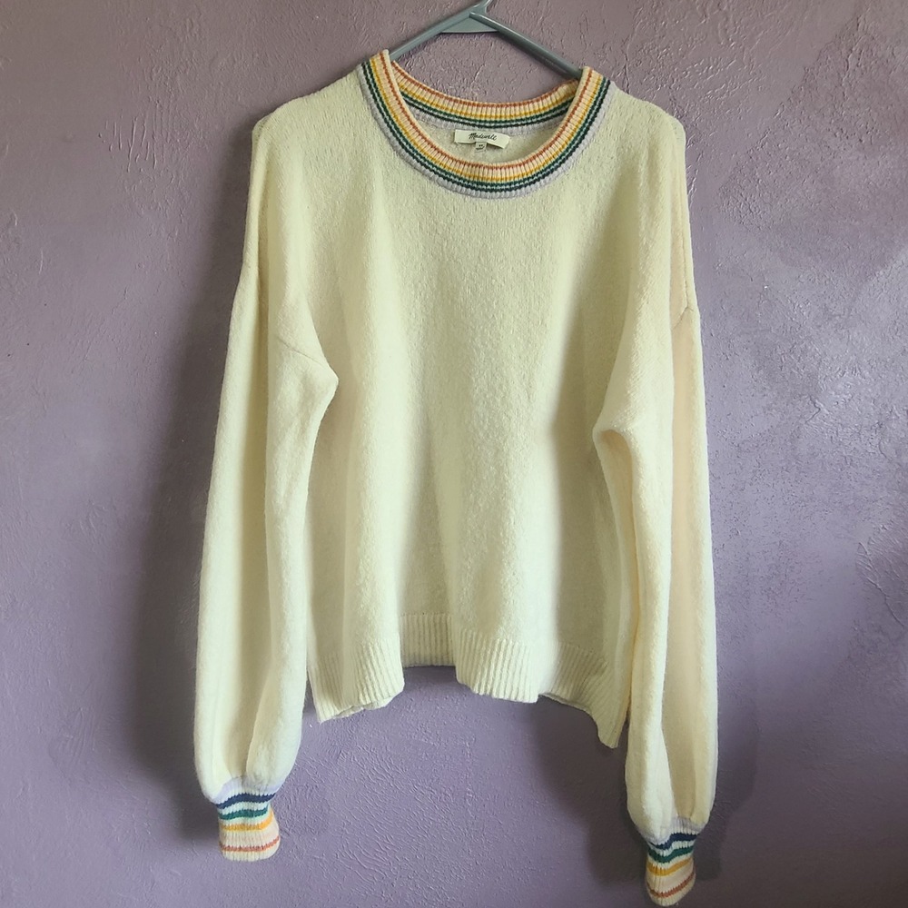 Madewell Sweater Womens XS Cream Rainbow Stripe Trim Alpaca Wool Fits Like Large
